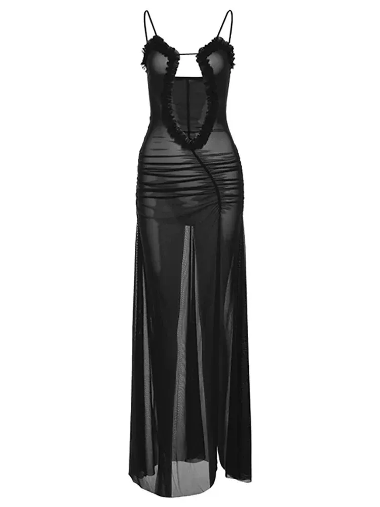 2024 Sexy Backless Mesh Split Sleeveless Maxi Dress