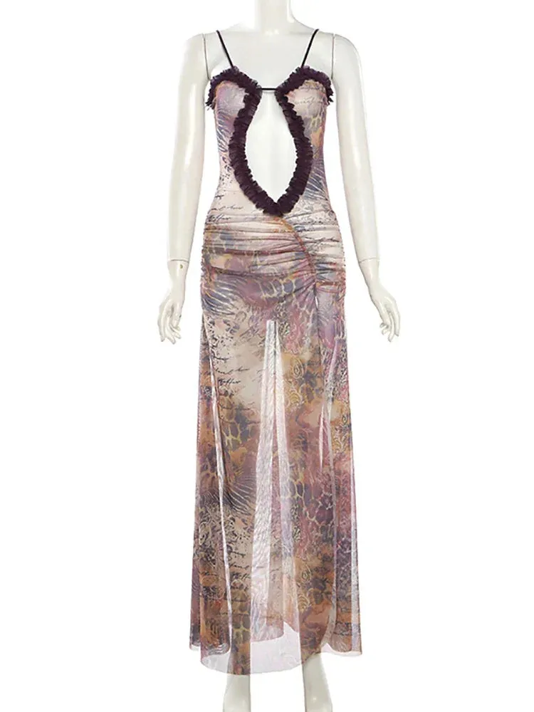 2024 Sexy Backless Mesh Split Sleeveless Maxi Dress