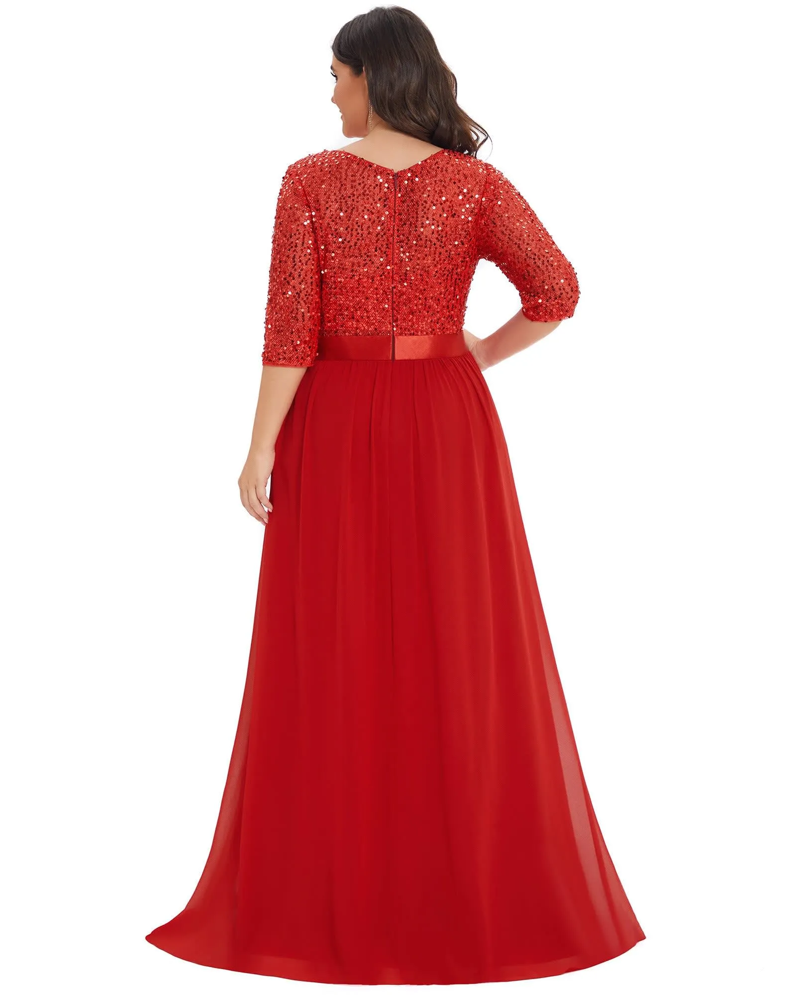 3/4 Sleeves Round Neck Evening Dress With Sequin Bodice | Red