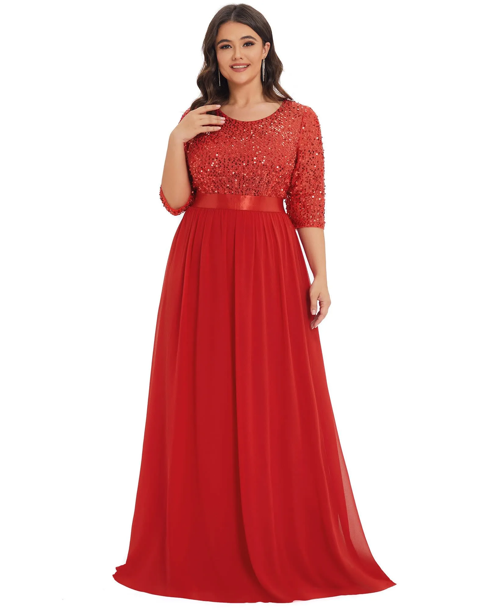 3/4 Sleeves Round Neck Evening Dress With Sequin Bodice | Red