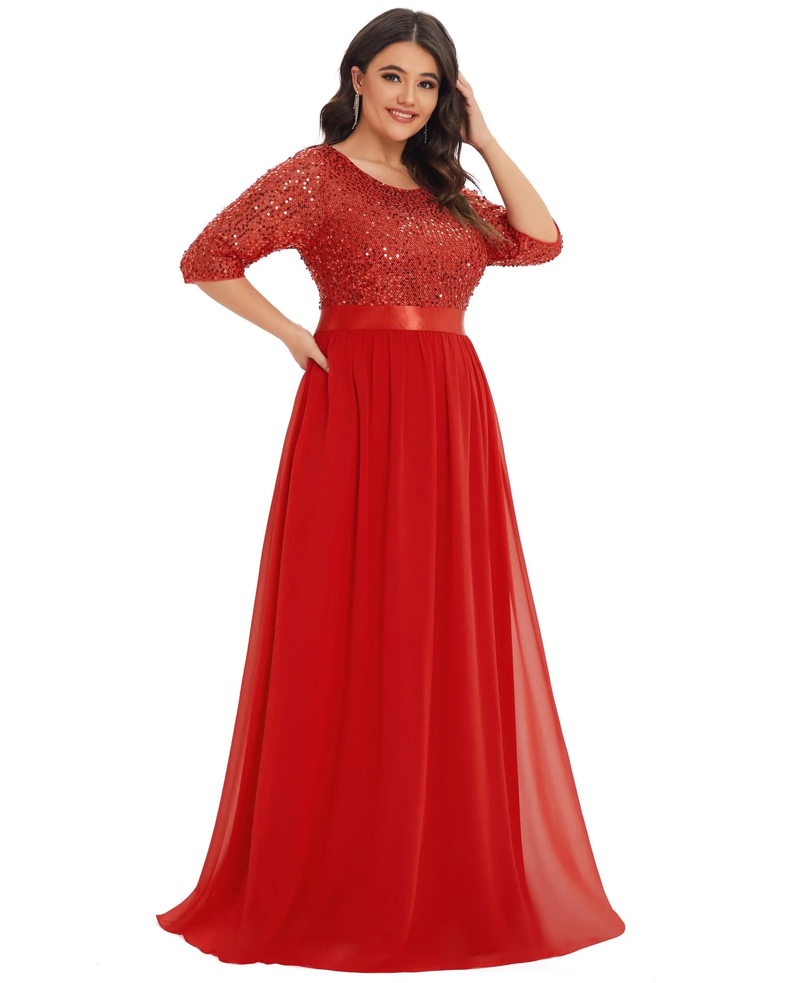 3/4 Sleeves Round Neck Evening Dress With Sequin Bodice | Red