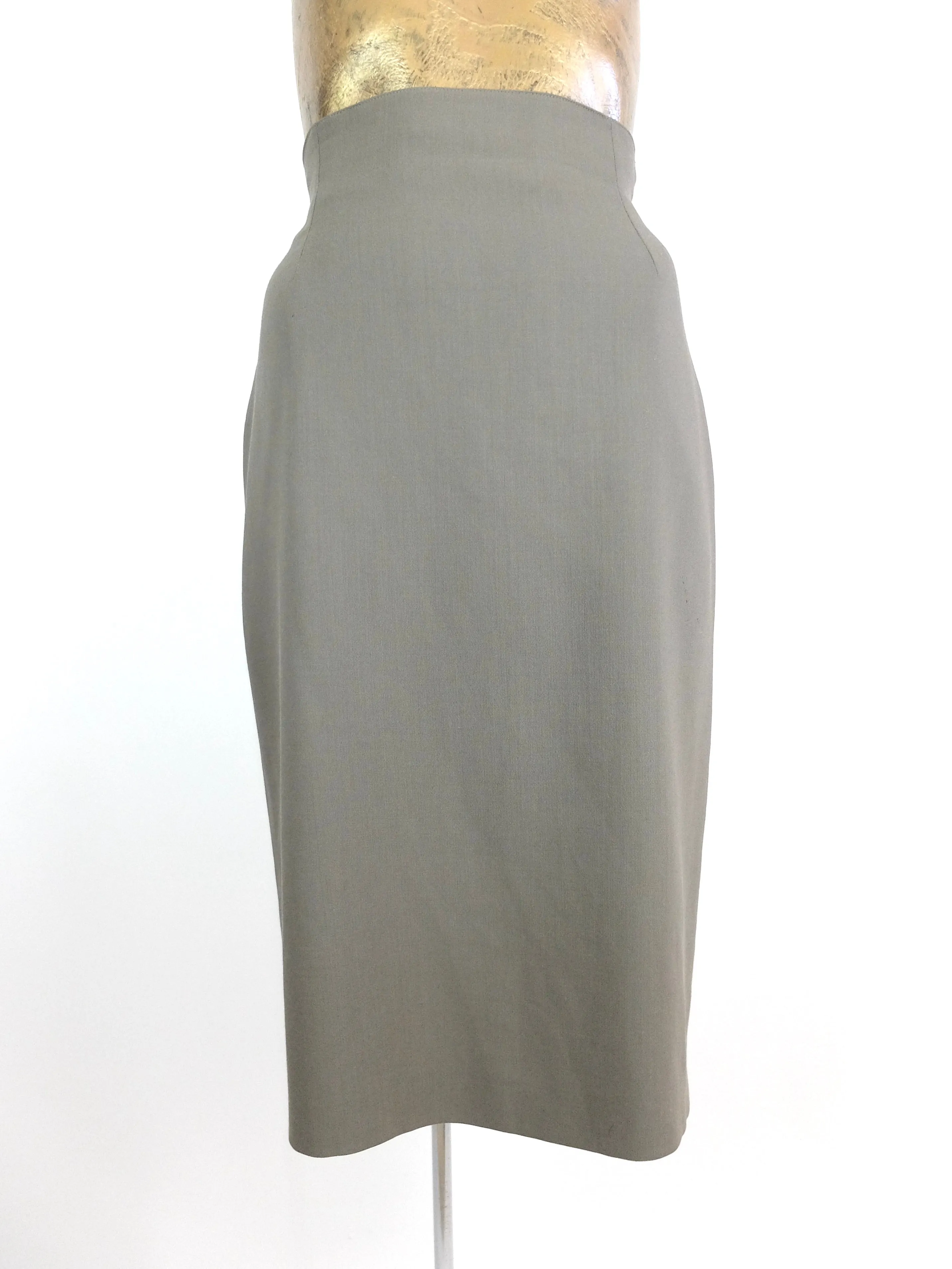 80s Max Mara Olive Green High Waisted Pencil Midi Skirt
