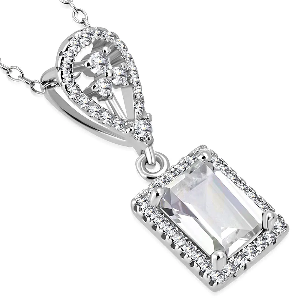925 Sterling Silver Rectangular Teardrop CZ Elegant Pendant Necklace, 18"
