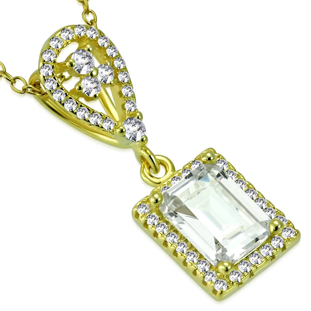 925 Sterling Silver Rectangular Teardrop CZ Elegant Pendant Necklace, 18"