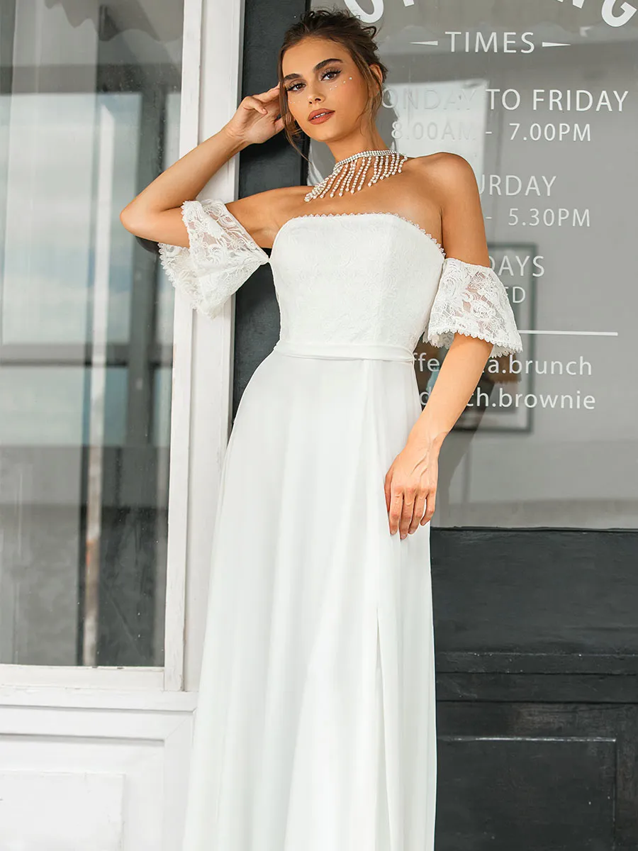A Line Chiffon Strapless Wedding Dress Straight Neck Slit
