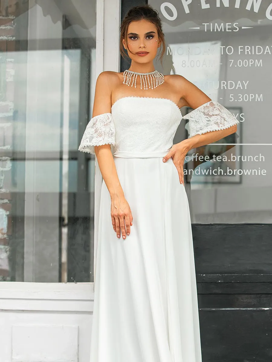 A Line Chiffon Strapless Wedding Dress Straight Neck Slit