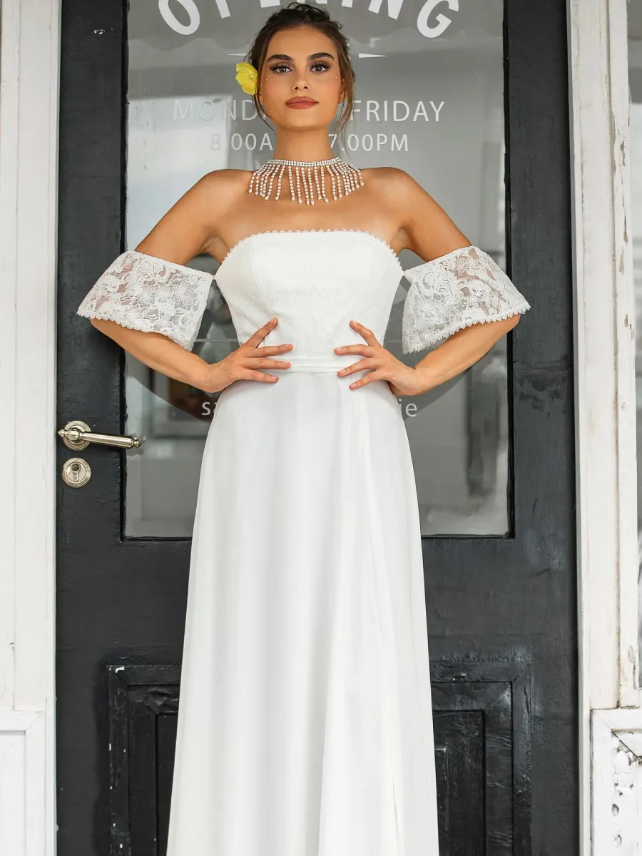 A Line Chiffon Strapless Wedding Dress Straight Neck Slit