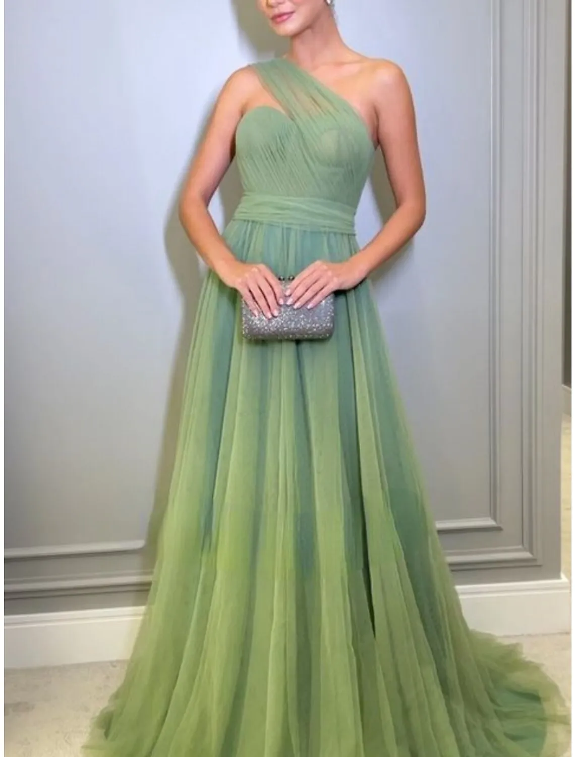 A-Line Evening Gown Elegant Dress Formal Sweep / Brush Train Christmas Red Green Dress Sleeveless One Shoulder Tulle with Pleats Ruched