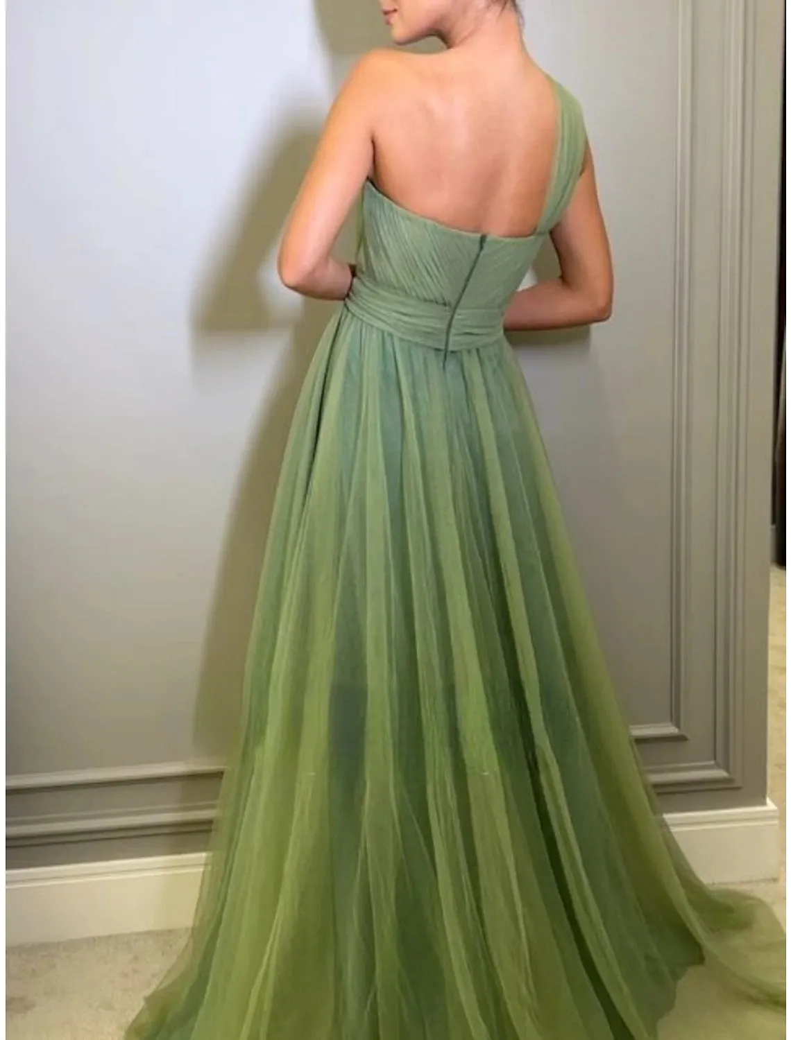 A-Line Evening Gown Elegant Dress Formal Sweep / Brush Train Christmas Red Green Dress Sleeveless One Shoulder Tulle with Pleats Ruched