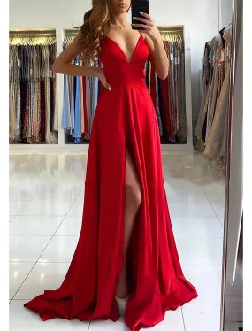 A-Line Prom Dresses Empire Dress Formal Prom Sweep / Brush Train Sleeveless V Neck Imitation Silk Backless with Pleats Slit Sexy Party Dress