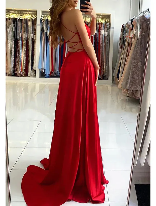 A-Line Prom Dresses Empire Dress Formal Prom Sweep / Brush Train Sleeveless V Neck Imitation Silk Backless with Pleats Slit Sexy Party Dress