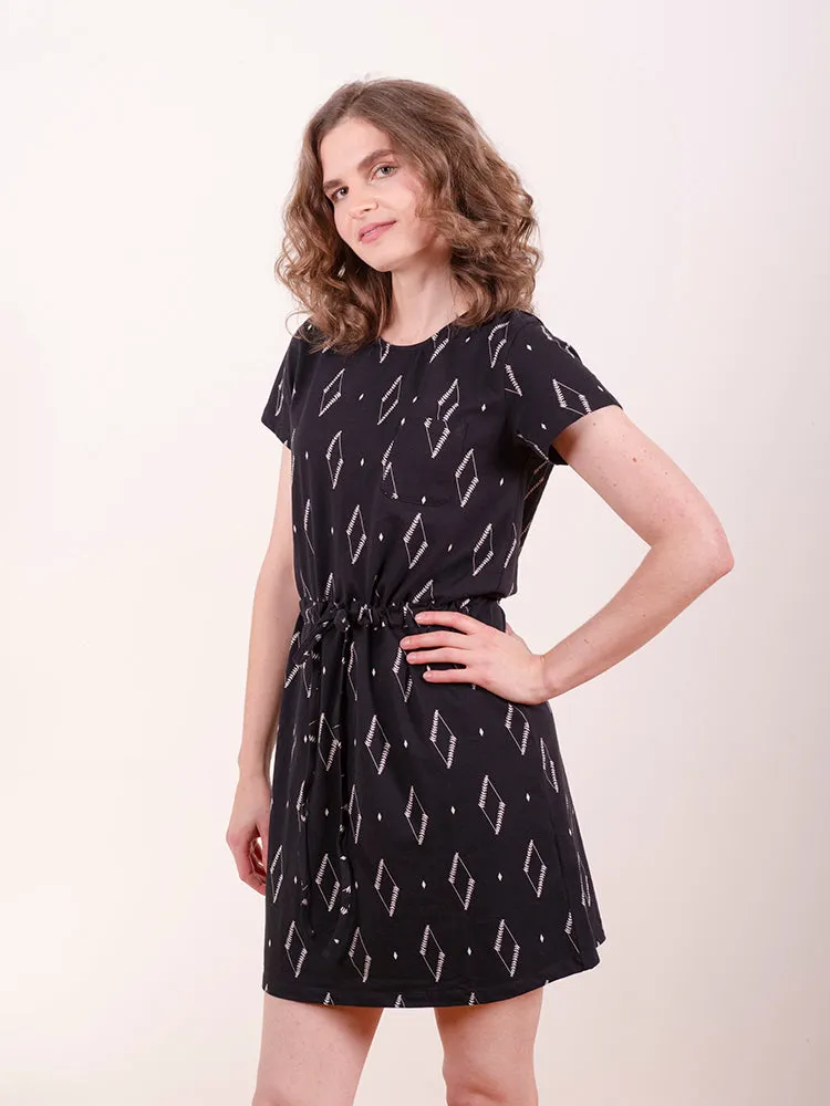 Abby Drawstring Dress - Diamond Vine Black