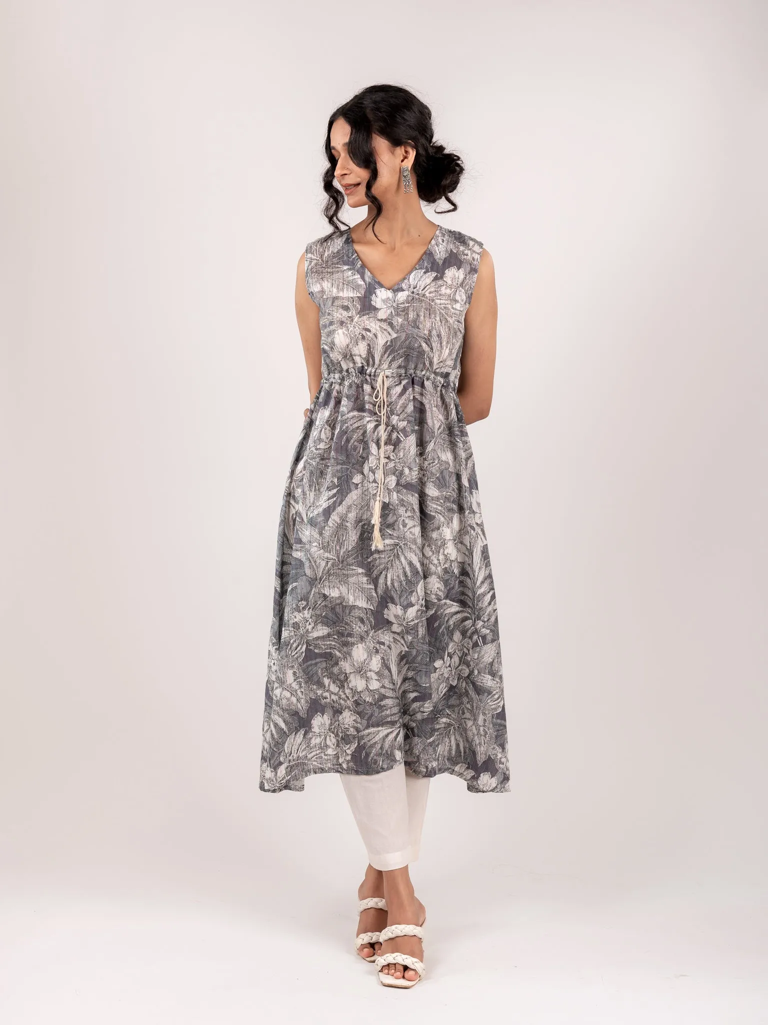 ADITI GREY A-LINE KANTHA KURTI