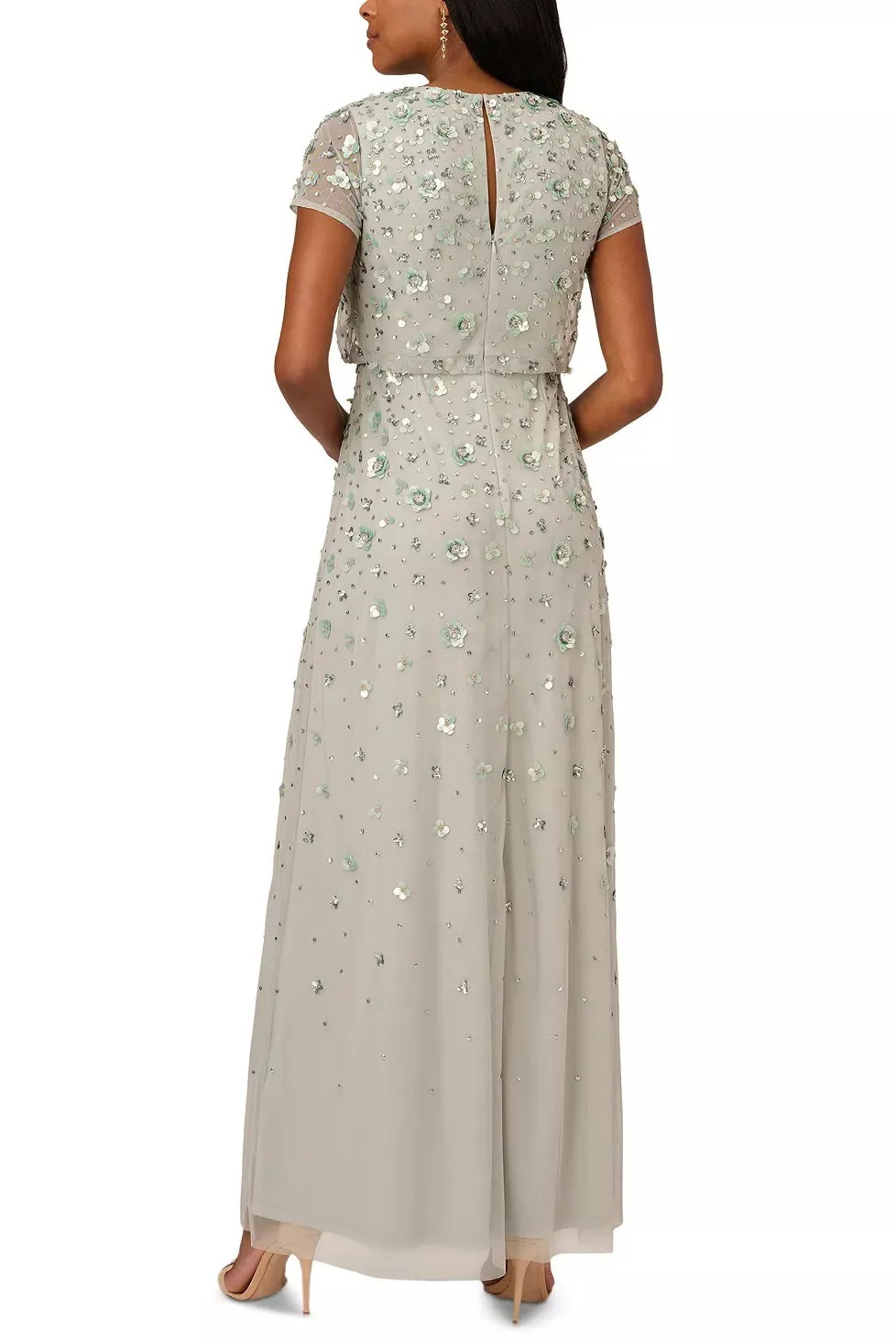Adrianna Papell Crew Neck Cap Sleeve Blouson 3D Embellished Mesh Dress (Petite)