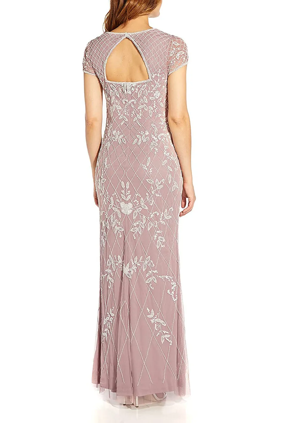 Adrianna Papell Sweetheart Neck Short Sleeves Back Zipper Beaded Gown