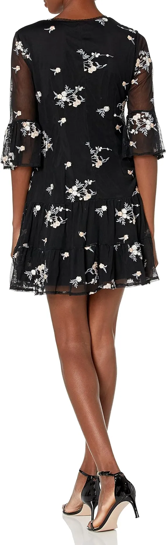 Adrianna Papell V-Neck Circular Flounce Sleeve Illusion Ruched Flutter Floral Embroidered Mesh Dress