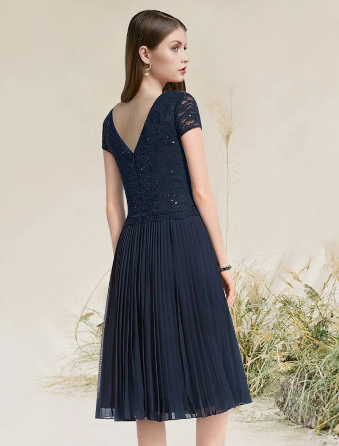 Aimishang   A-Line Cocktail Dresses Flirty Dress Homecoming Tea Length Short Sleeve Jewel Neck Chiffon with Pleats