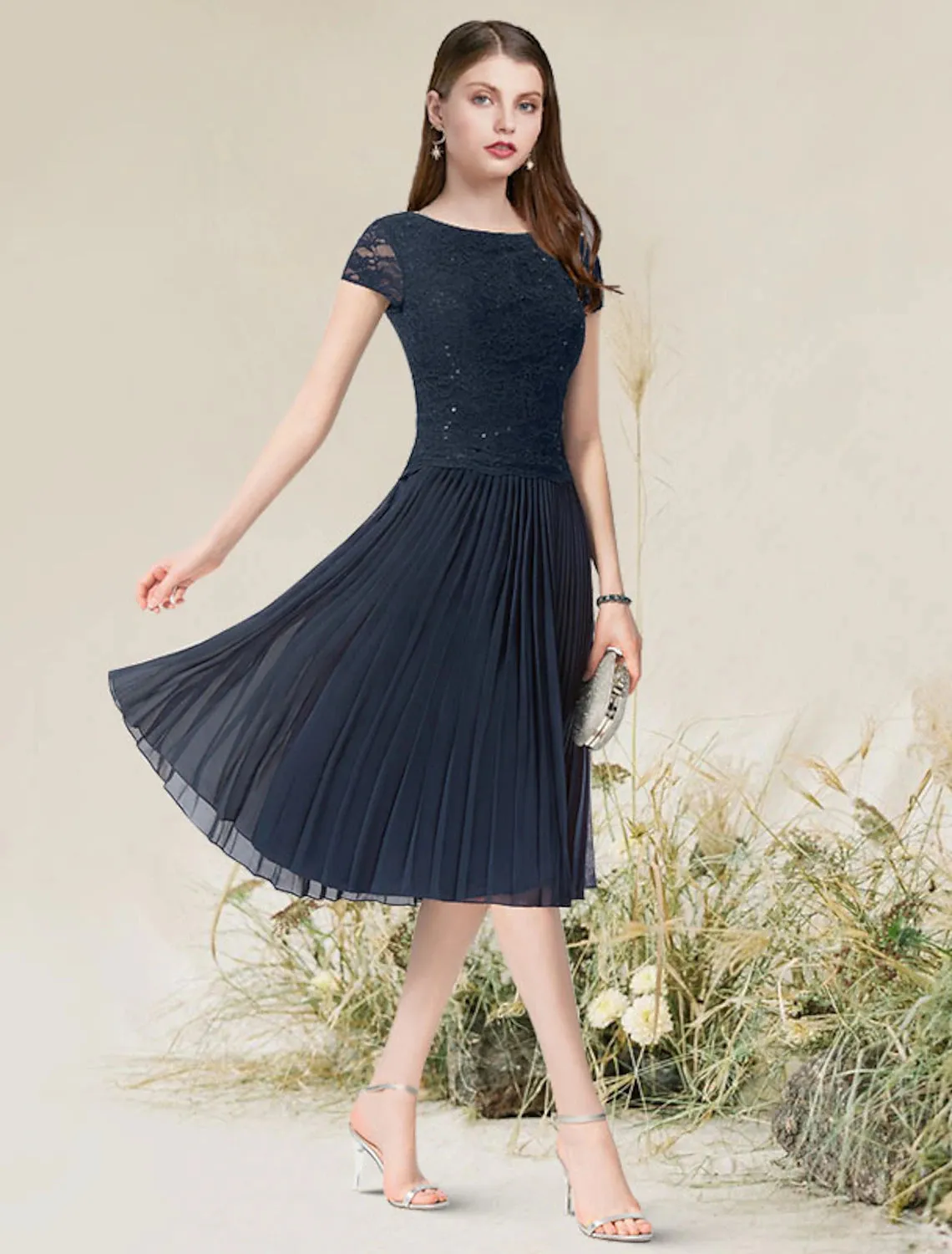 Aimishang   A-Line Cocktail Dresses Flirty Dress Homecoming Tea Length Short Sleeve Jewel Neck Chiffon with Pleats