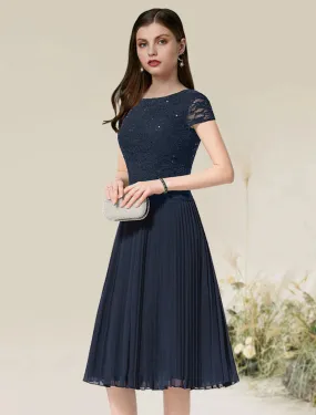 Aimishang   A-Line Cocktail Dresses Flirty Dress Homecoming Tea Length Short Sleeve Jewel Neck Chiffon with Pleats