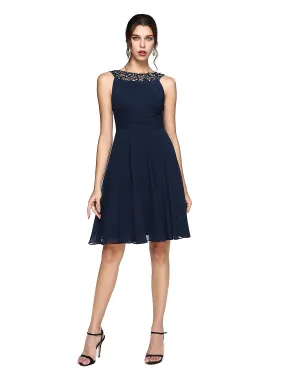 Aimishang  A-Line Cocktail Dresses Party Dress Wedding Guest Knee Length Sleeveless Illusion Neck Chiffon with Ruched Sequin Lace Insert