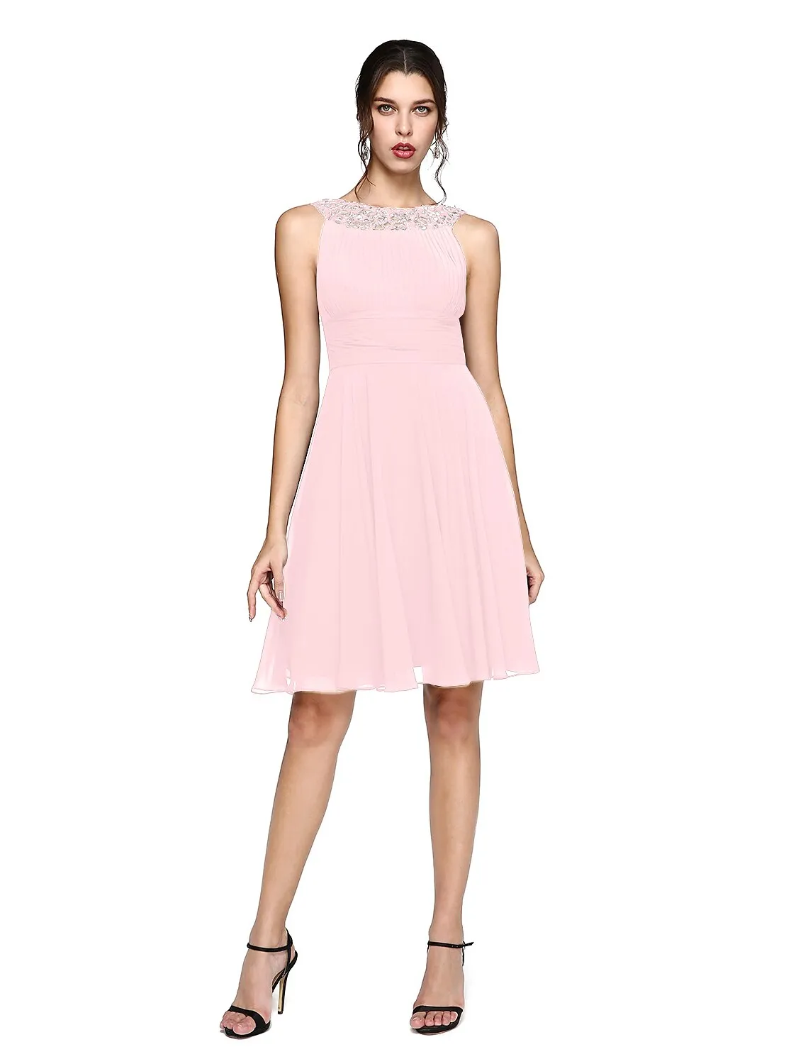 Aimishang  A-Line Cocktail Dresses Party Dress Wedding Guest Knee Length Sleeveless Illusion Neck Chiffon with Ruched Sequin Lace Insert