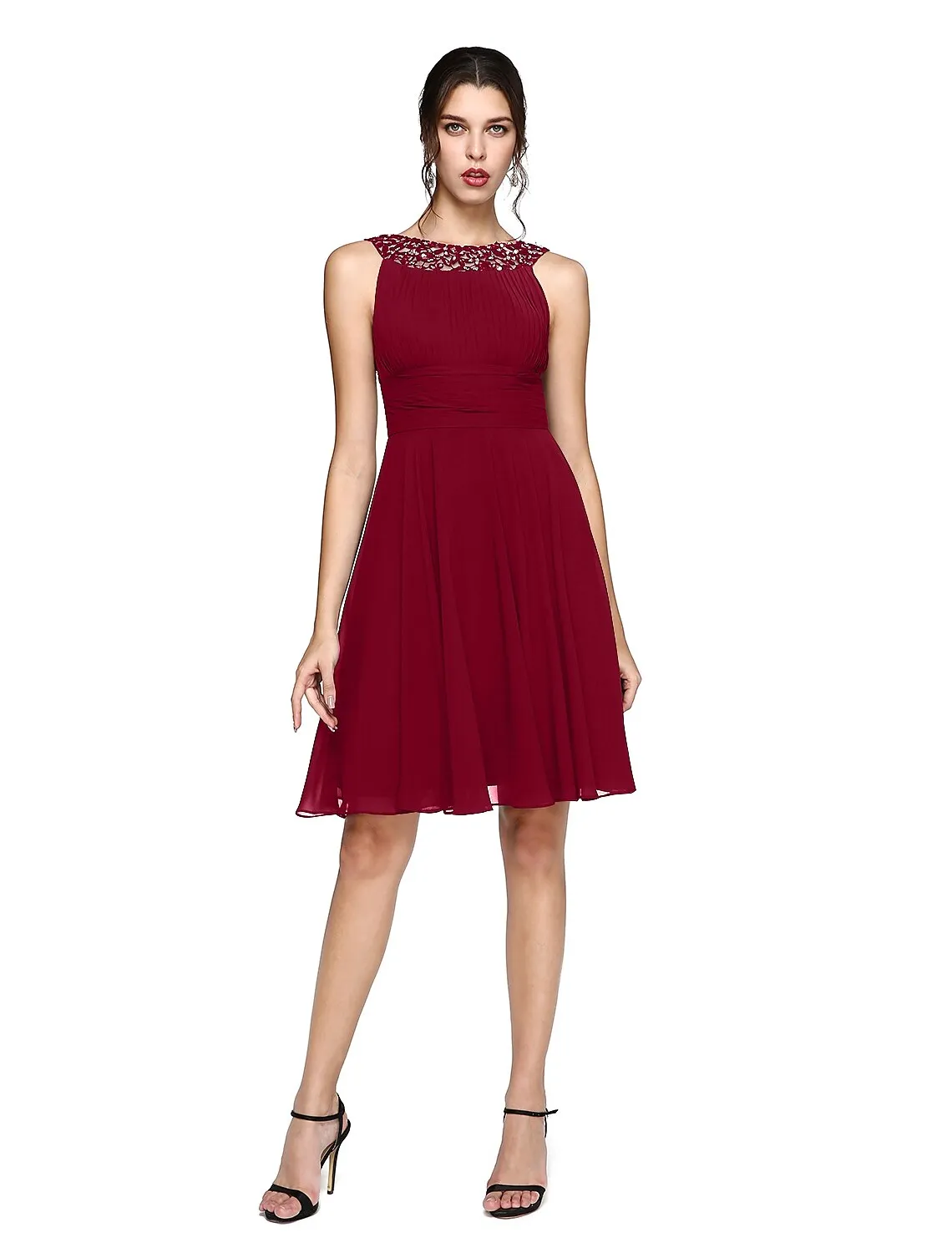 Aimishang  A-Line Cocktail Dresses Party Dress Wedding Guest Knee Length Sleeveless Illusion Neck Chiffon with Ruched Sequin Lace Insert
