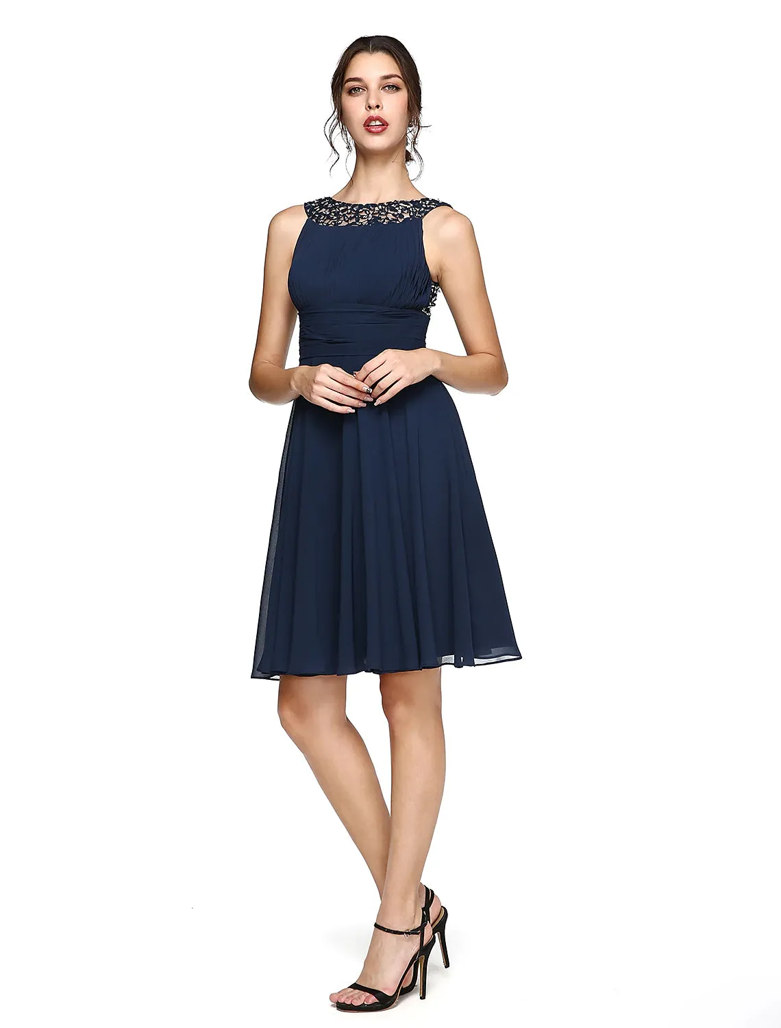 Aimishang  A-Line Cocktail Dresses Party Dress Wedding Guest Knee Length Sleeveless Illusion Neck Chiffon with Ruched Sequin Lace Insert