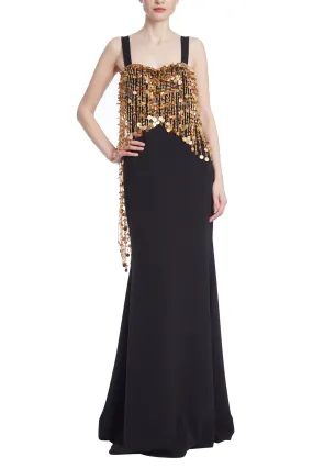 Badgley Mischka Gold Beaded Fringe Column Gown