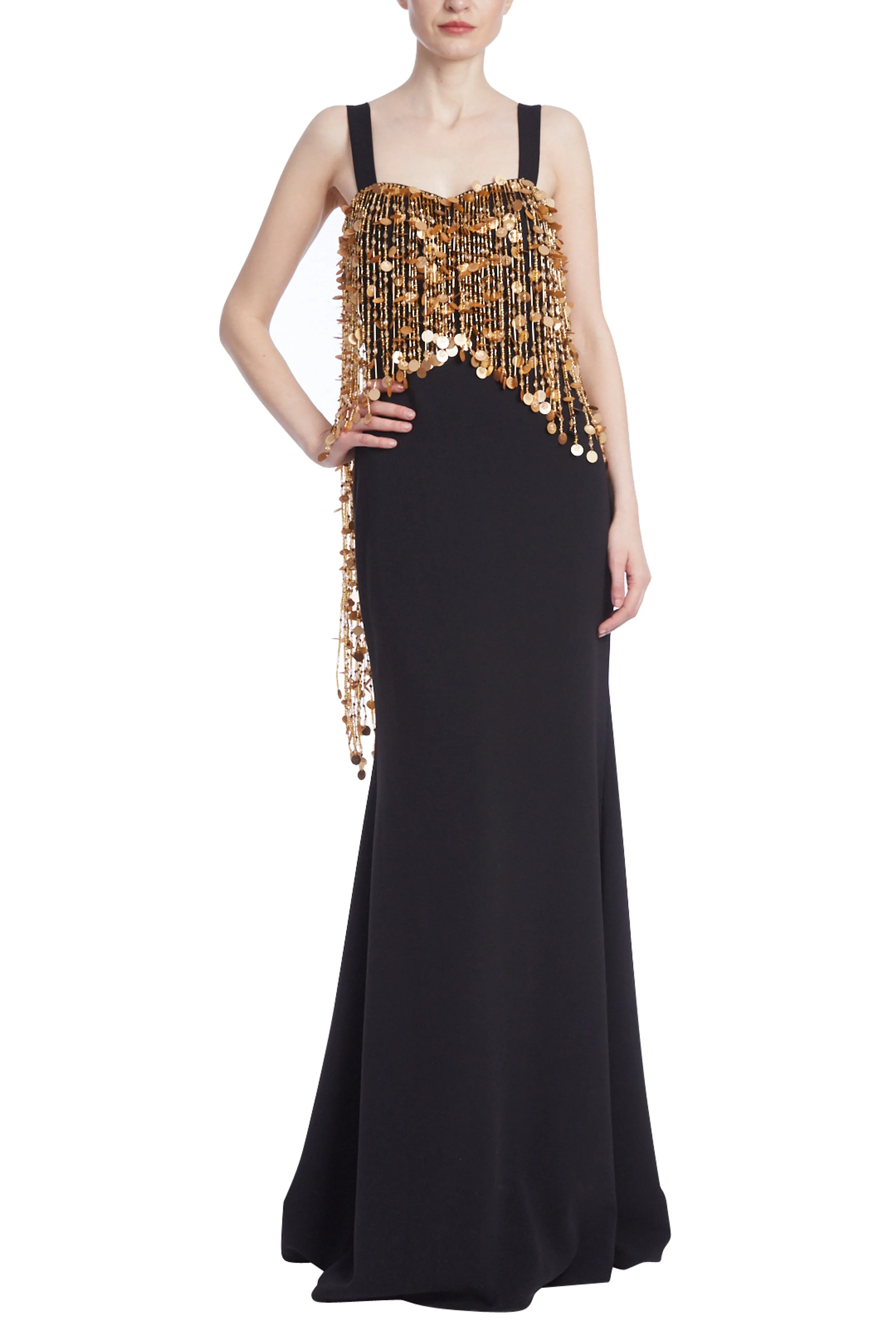 Badgley Mischka Gold Beaded Fringe Column Gown
