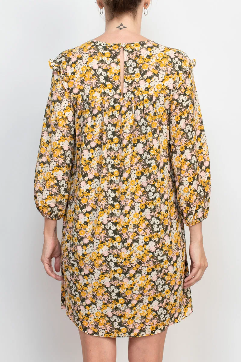 BCBGENERATION Crew Neck Ruffled Pleated Neck Elastic Cuff Button Closure Keyhole Back Shift Crepe Dress