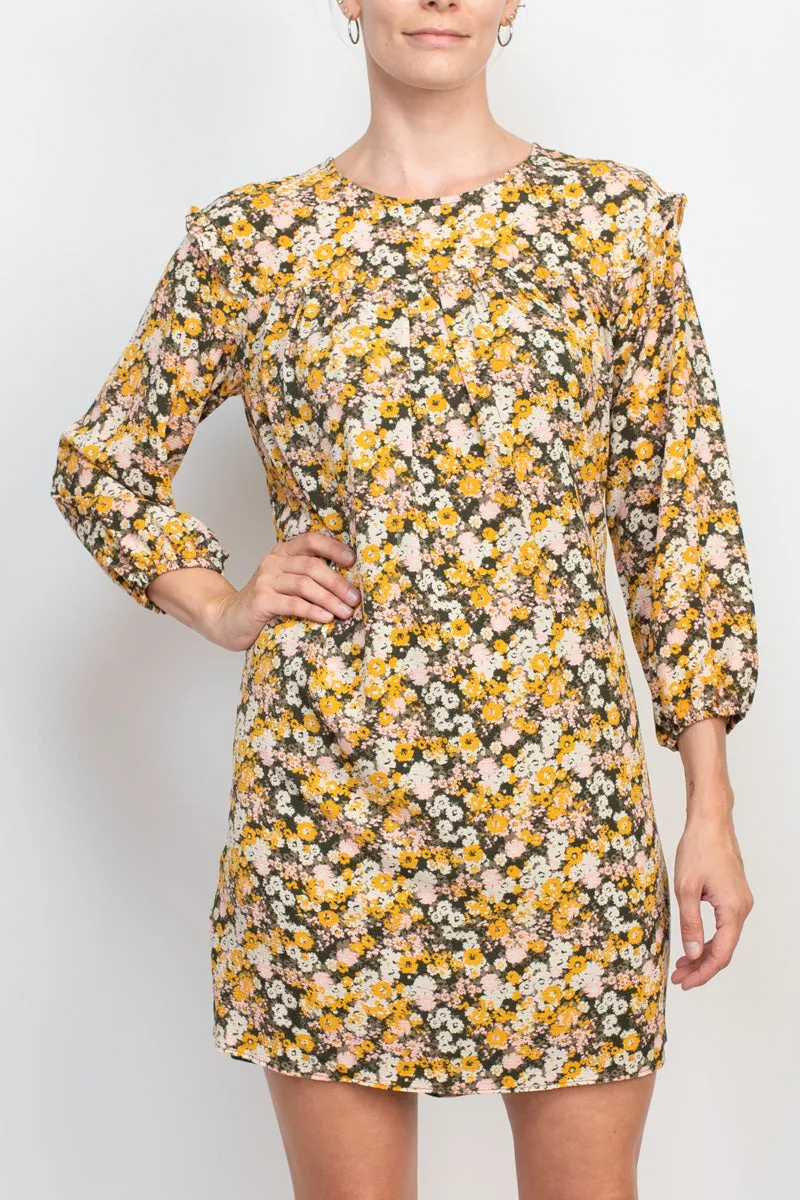 BCBGENERATION Crew Neck Ruffled Pleated Neck Elastic Cuff Button Closure Keyhole Back Shift Crepe Dress