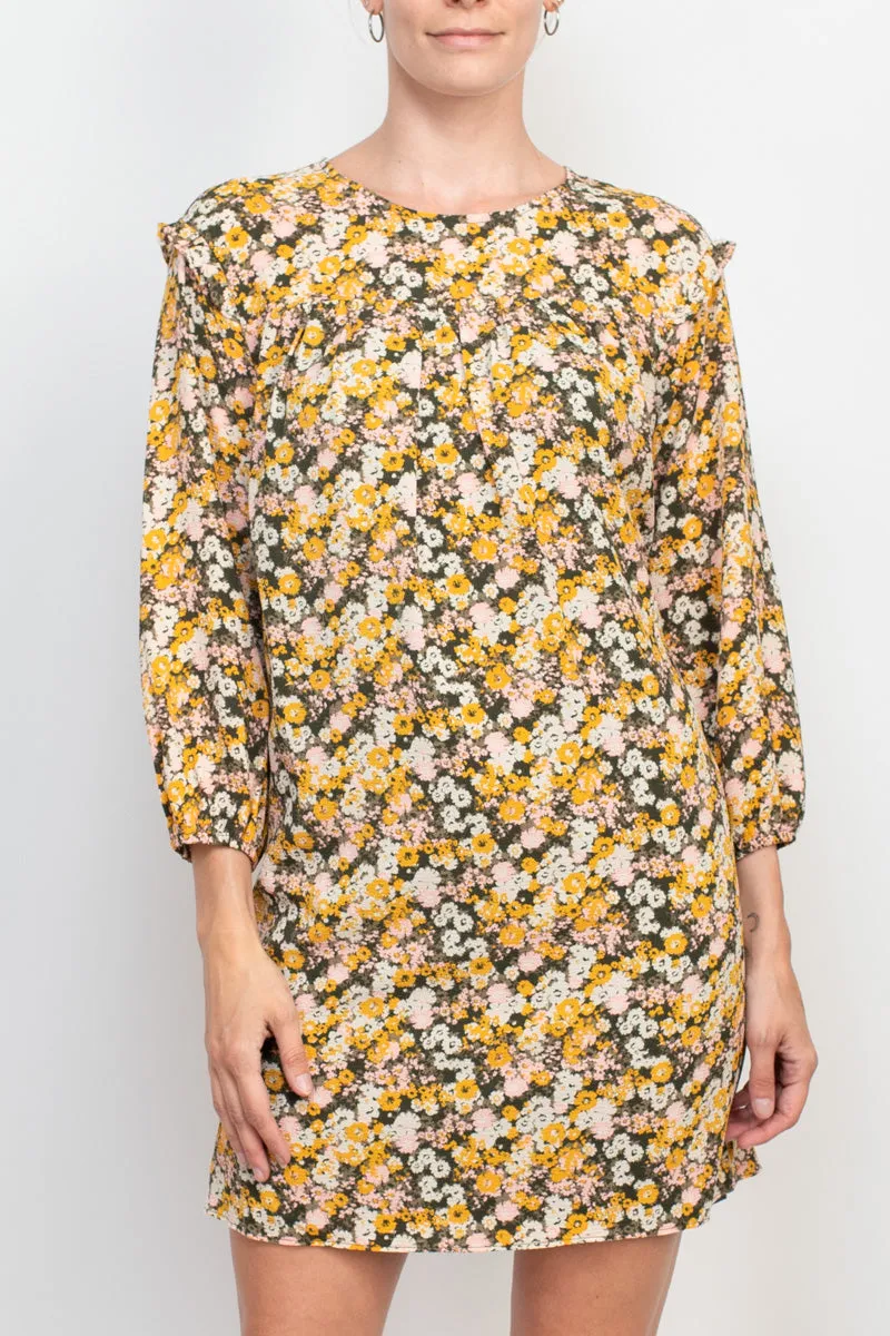 BCBGENERATION Crew Neck Ruffled Pleated Neck Elastic Cuff Button Closure Keyhole Back Shift Crepe Dress