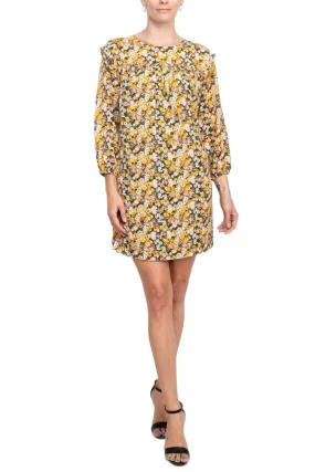 BCBGENERATION Crew Neck Ruffled Pleated Neck Elastic Cuff Button Closure Keyhole Back Shift Crepe Dress