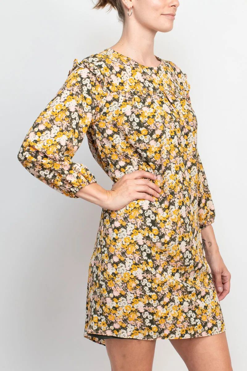 BCBGENERATION Crew Neck Ruffled Pleated Neck Elastic Cuff Button Closure Keyhole Back Shift Crepe Dress