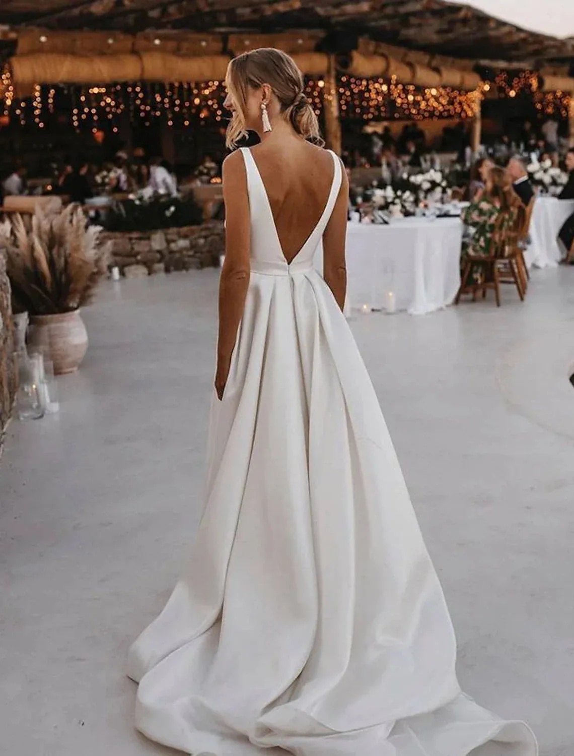 Beach Casual Wedding Dresses A-Line V Neck Sleeveless Court Train Satin Bridal Gowns With Sashes / Ribbons Sash / Ribbon 2023 Summer Wedding Party