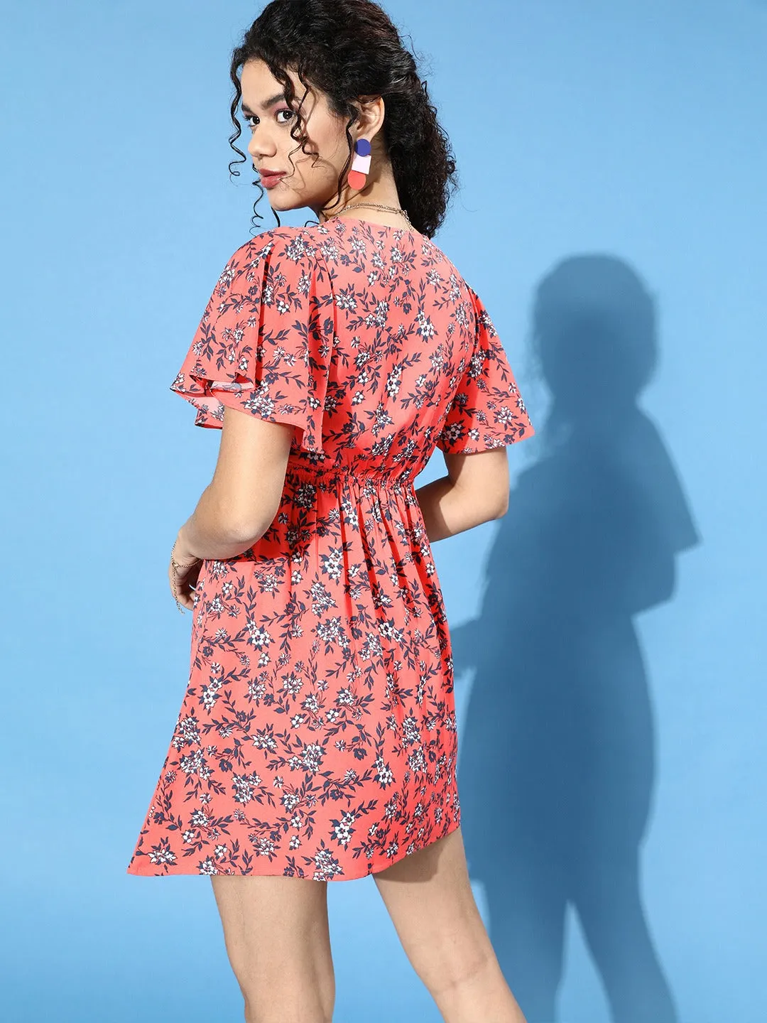 Berrylush Women Orange Floral Printed Front Tie-Knot A-Line Mini Dress