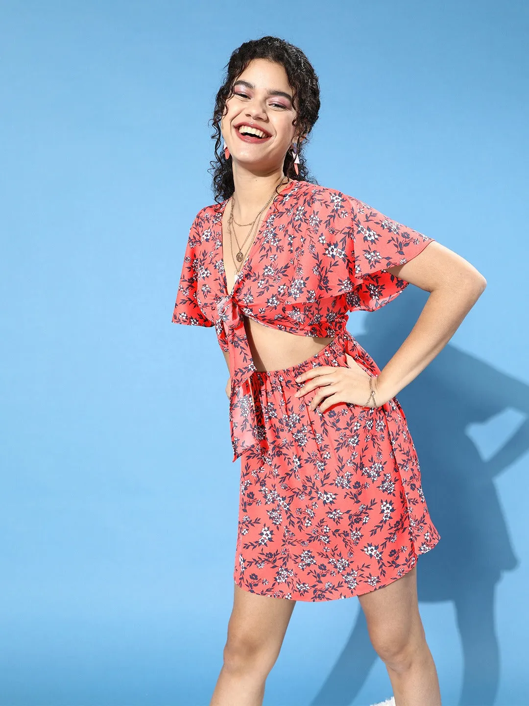 Berrylush Women Orange Floral Printed Front Tie-Knot A-Line Mini Dress