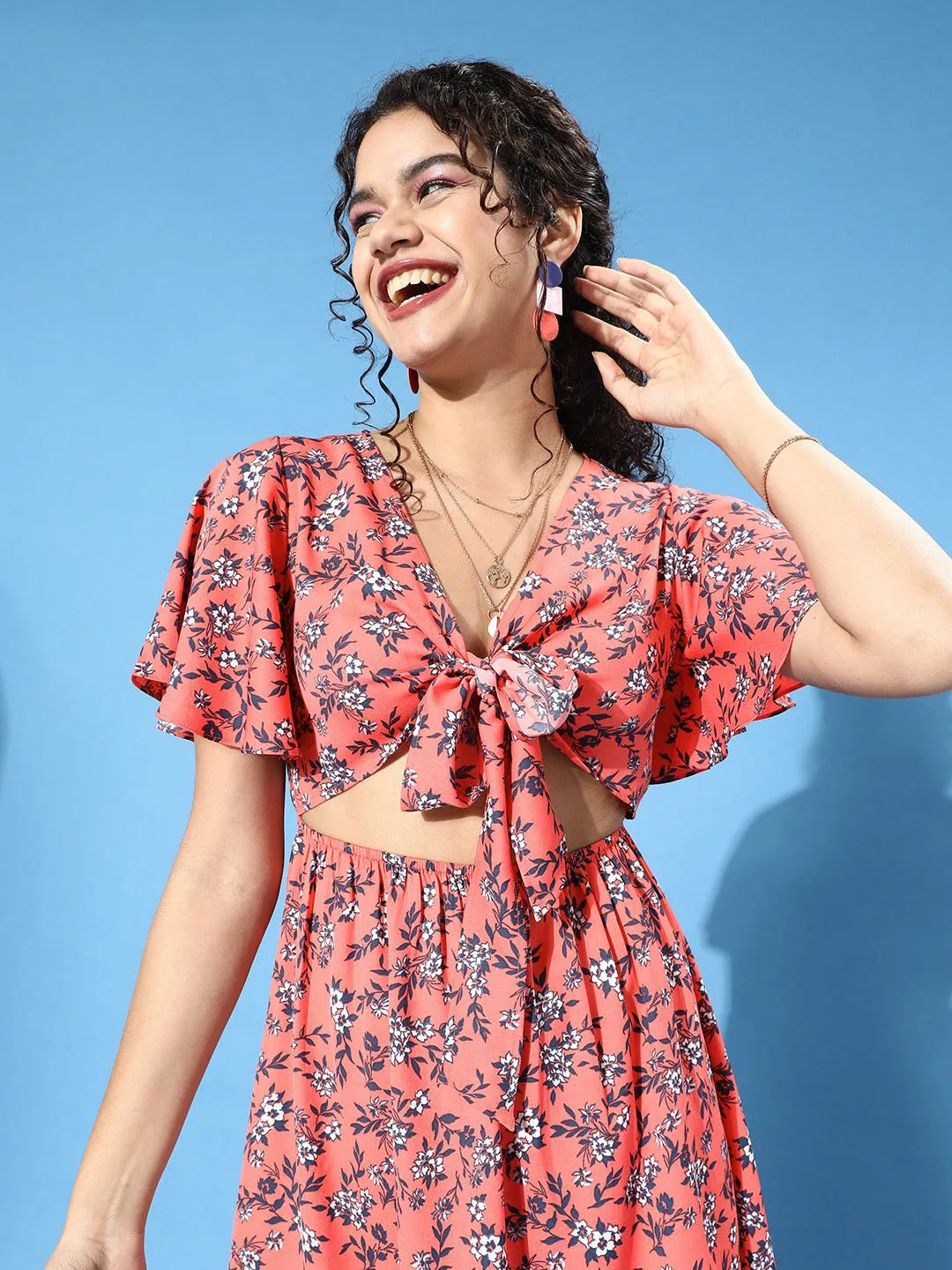 Berrylush Women Orange Floral Printed Front Tie-Knot A-Line Mini Dress
