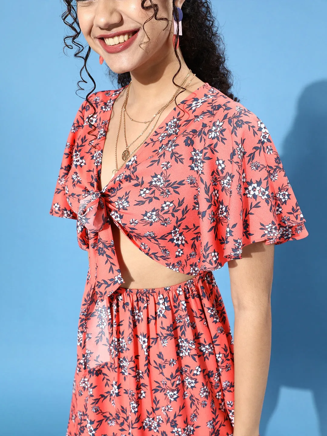Berrylush Women Orange Floral Printed Front Tie-Knot A-Line Mini Dress