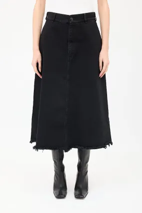 Black Denim A-Line Midi Skirt