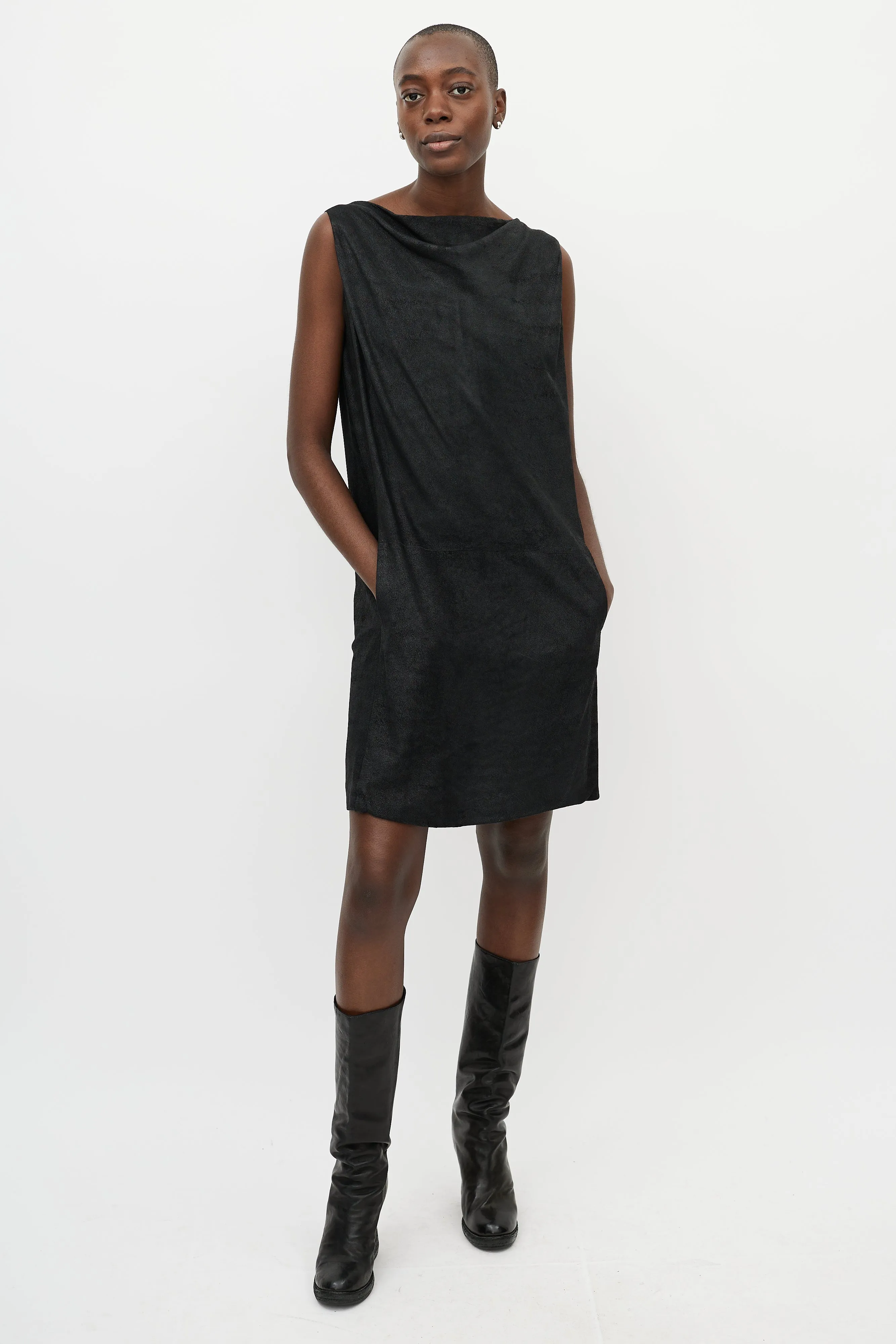 Black Nubuck Leather Shift Dress