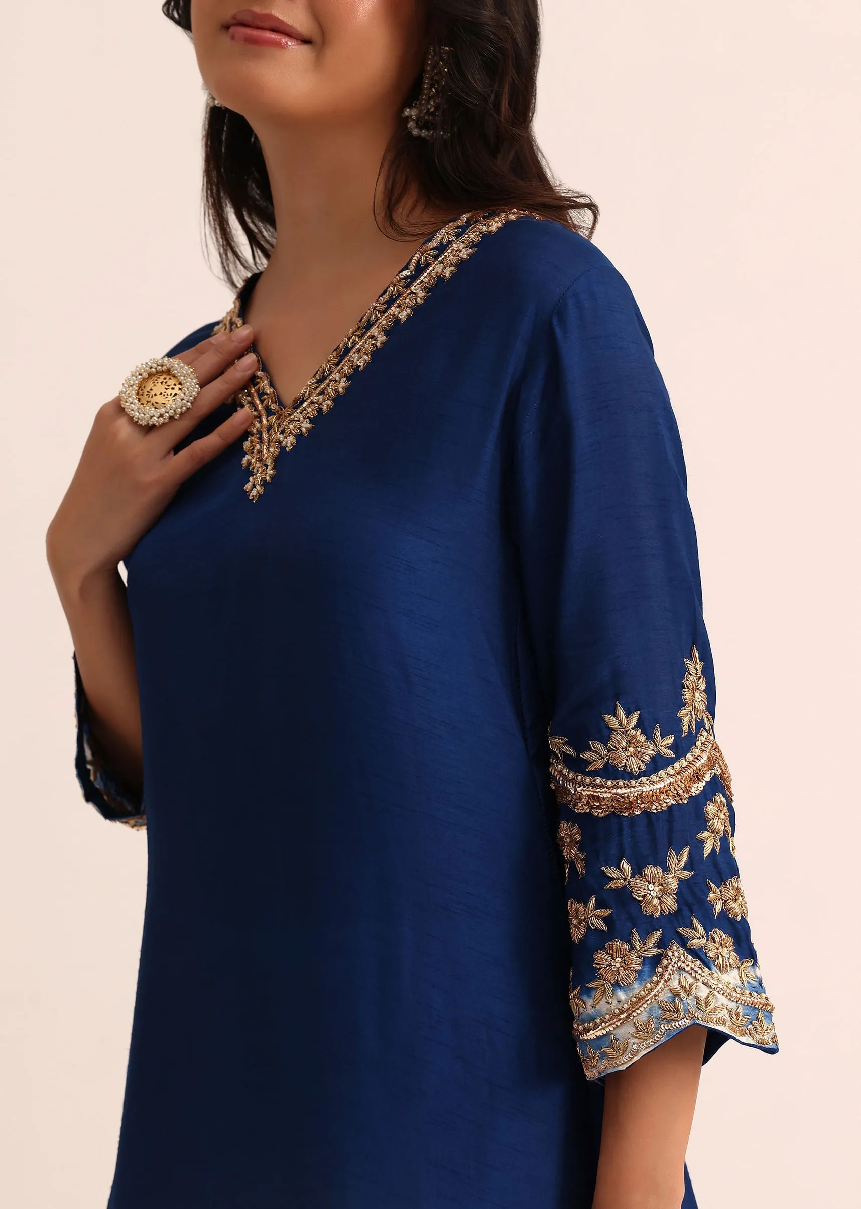 Blue And White Embroidered Silk Kurta Pant