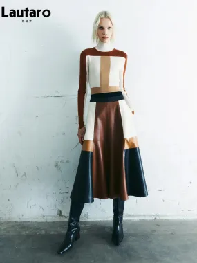 Color Block Soft PU Leather Skirt