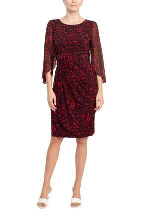 Connected Apparel boat neck 3/4 chiffon sleeve gathered side multi print matte jersey dress