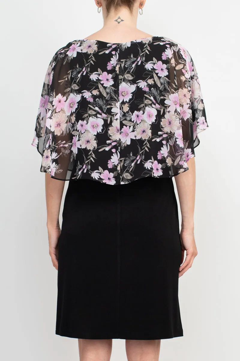 Connected Apparel Boat Neck Floral Print Chiffon Overlay Stretch Crepe Dress