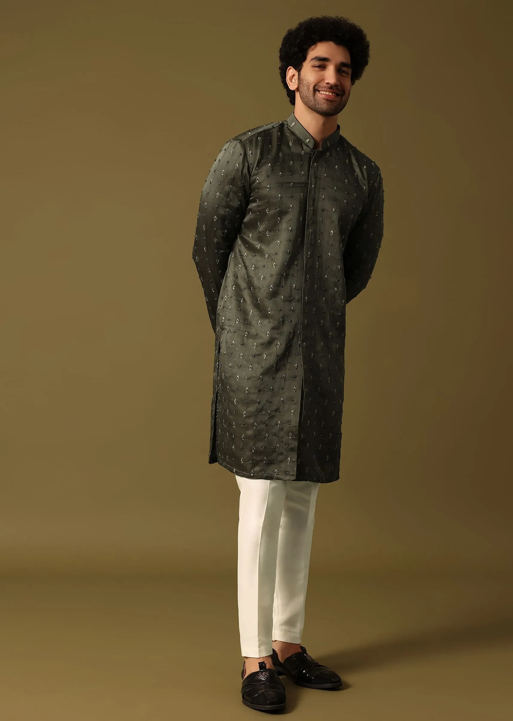 Dark Green Embroidered Kurta Pant For Men