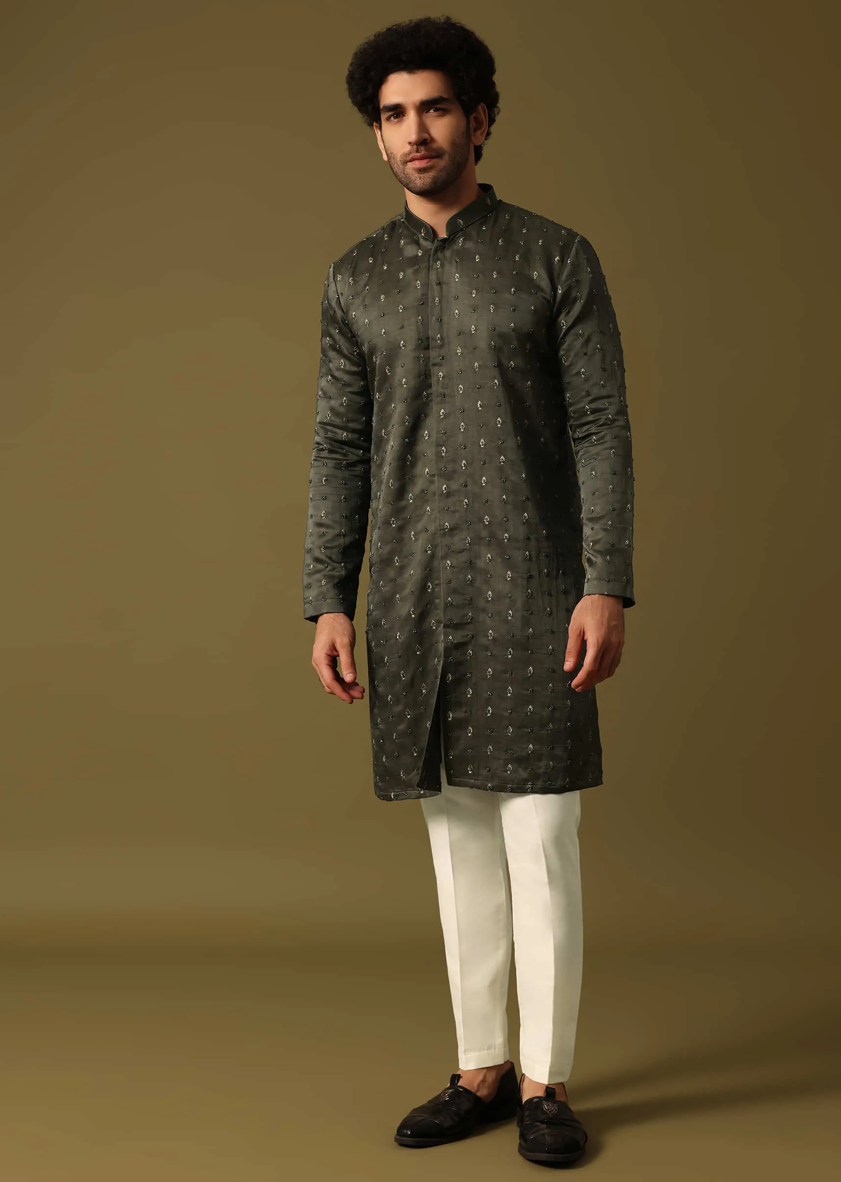 Dark Green Embroidered Kurta Pant For Men