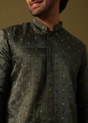 Dark Green Embroidered Kurta Pant For Men