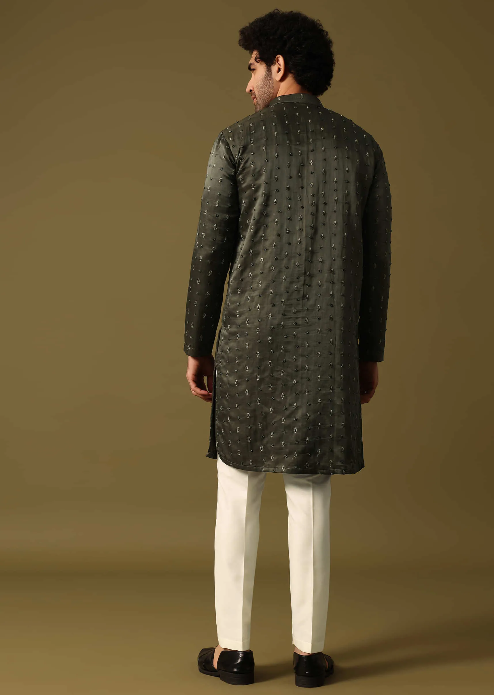 Dark Green Embroidered Kurta Pant For Men