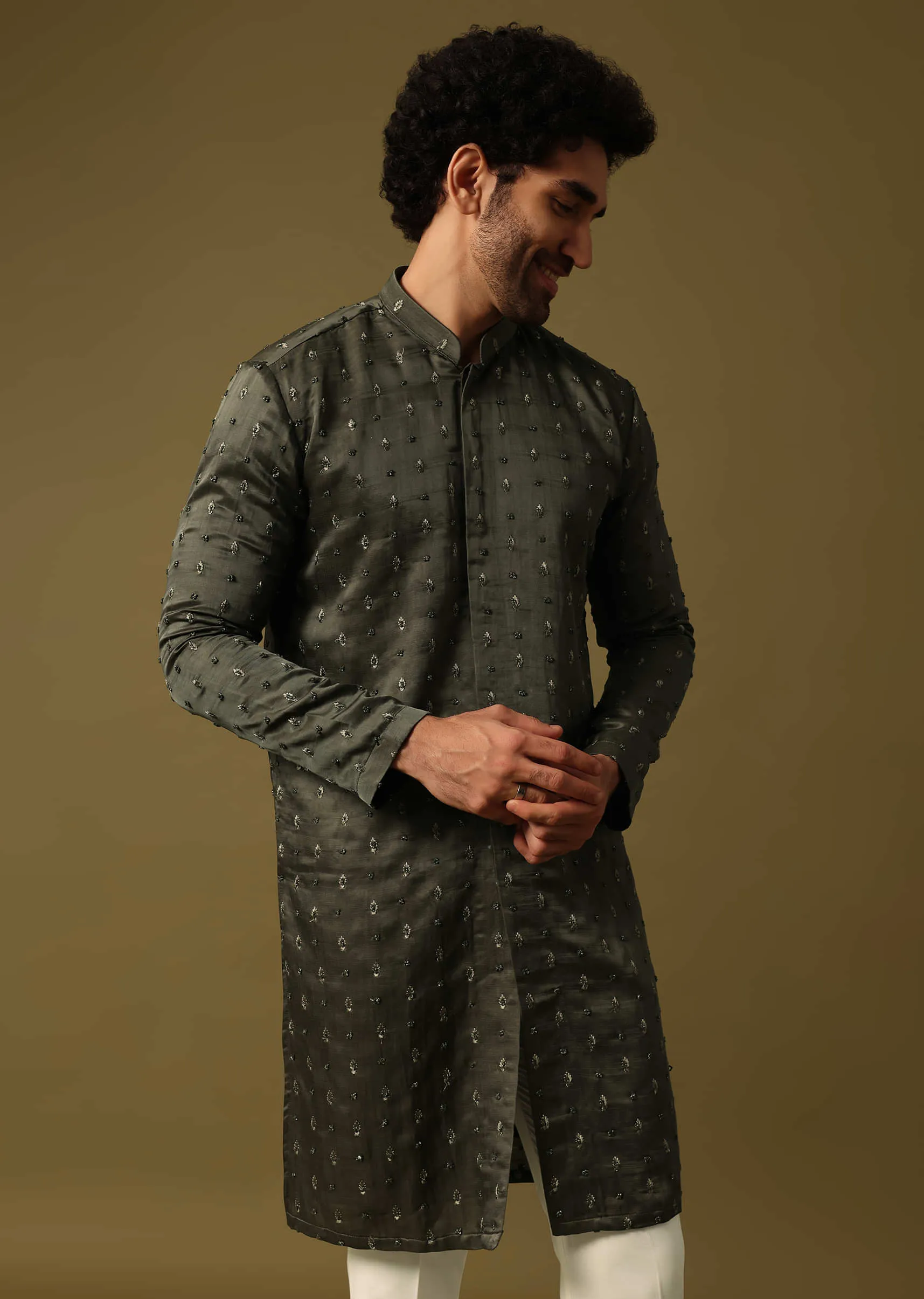 Dark Green Embroidered Kurta Pant For Men